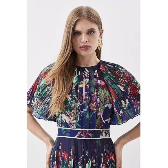 Karen Millen Pleated Detail Woven Floral Mixed Midaxi Dress Size 12 New - Picture 3 of 16